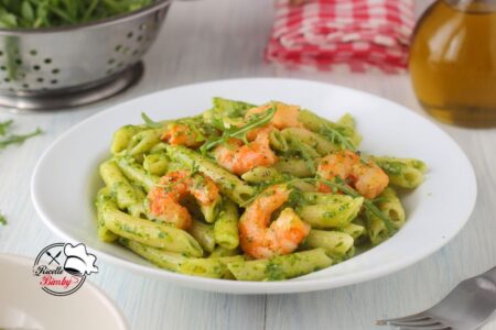 PENNE AL PESTO DI RUCOLA E GAMBERI 2